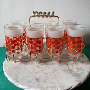 Vintage Mid Mod Polka Dot Bar Drinkware Set with Metal Caddy
